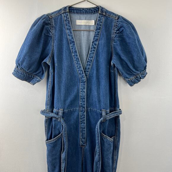 Happy x Nature Kate Hudson Denim Jumpsuit Belted Pockets V-Neck Cotton Size 2 - Picture 3 of 12